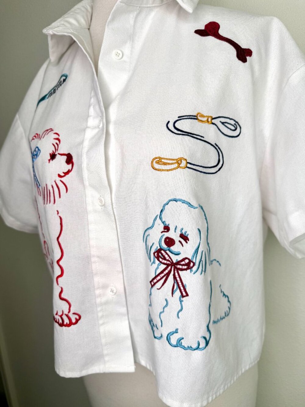Cider Button Up Top Dog Embroidered Linen Blend Short Sleeve Blouse Sz M - Picture 5 of 7